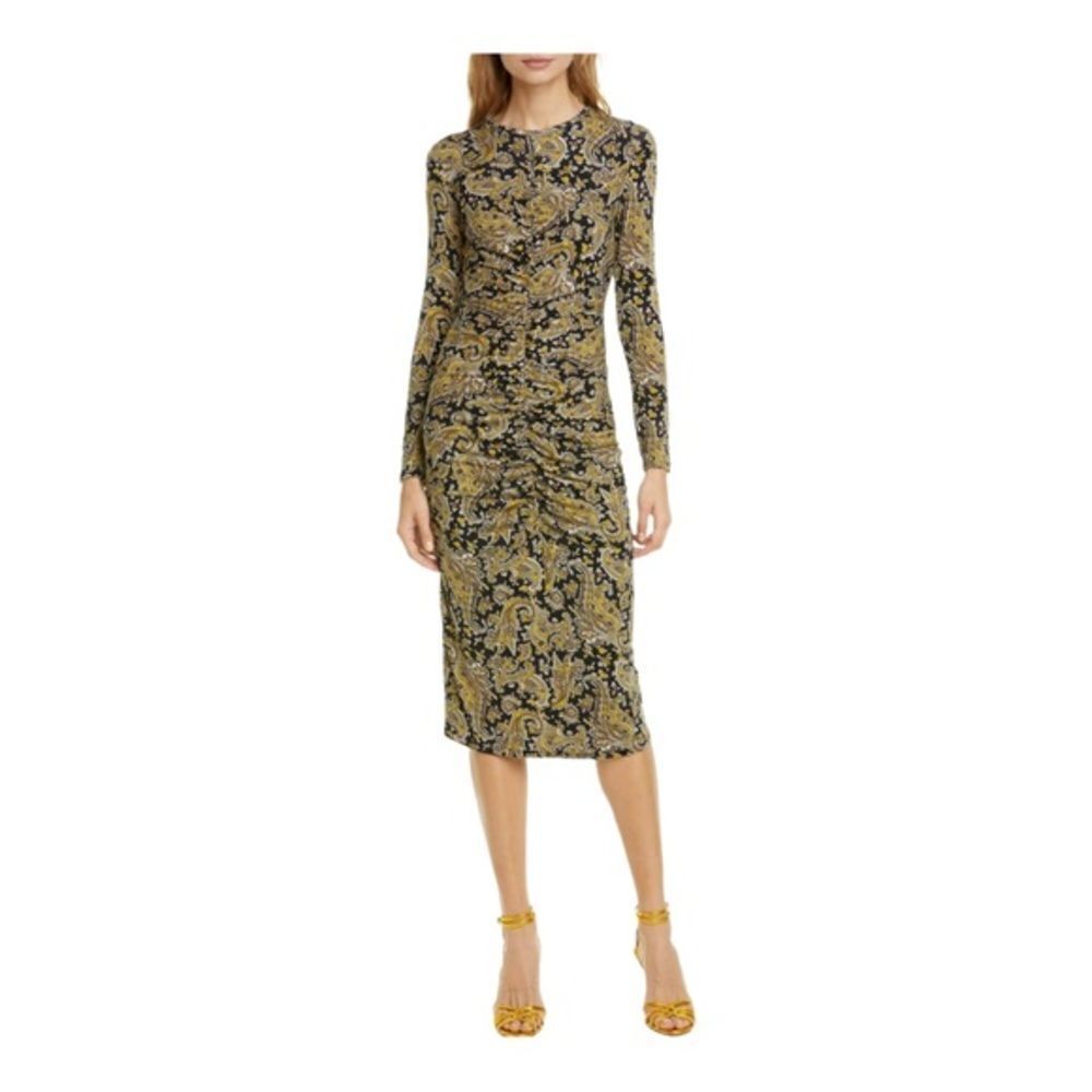 JOIE Aja Long Sleeve Golden Hour Paisley Ruched Midi Stretch Dress - Size M NWT.
